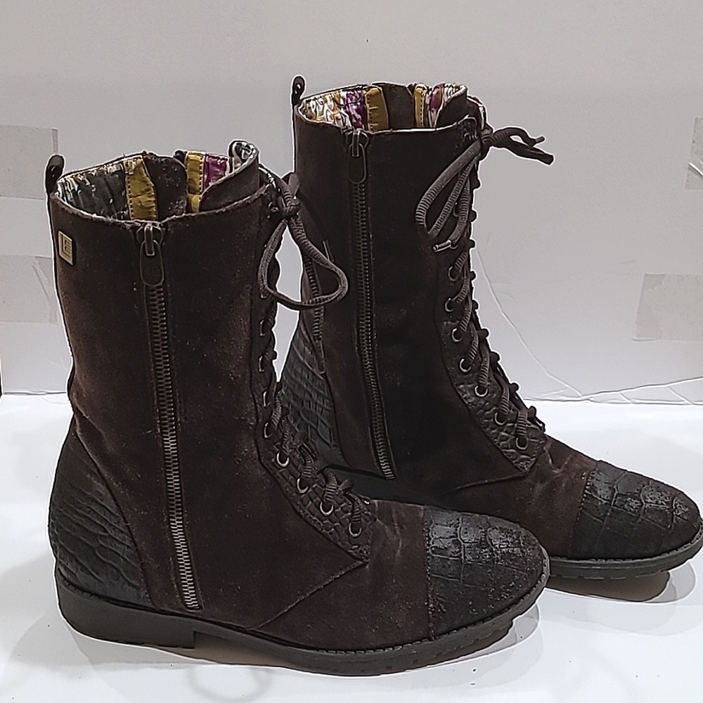 Libby. Edelman Suede Brown Leather Lace Up Side Zipper Boots Size 8.5